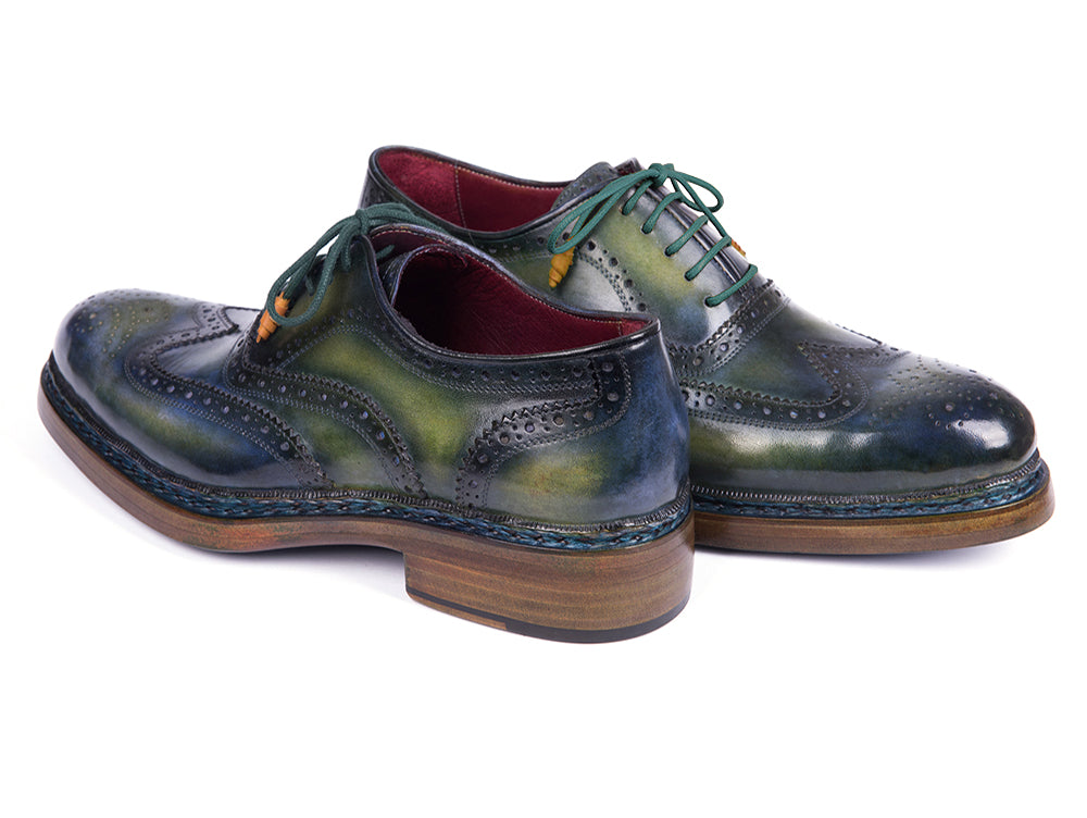 Paul Parkman Triple Leather Sole Wingtip Brogues in green and blue, showcasing hand-painted leather upper and triple leather sole.