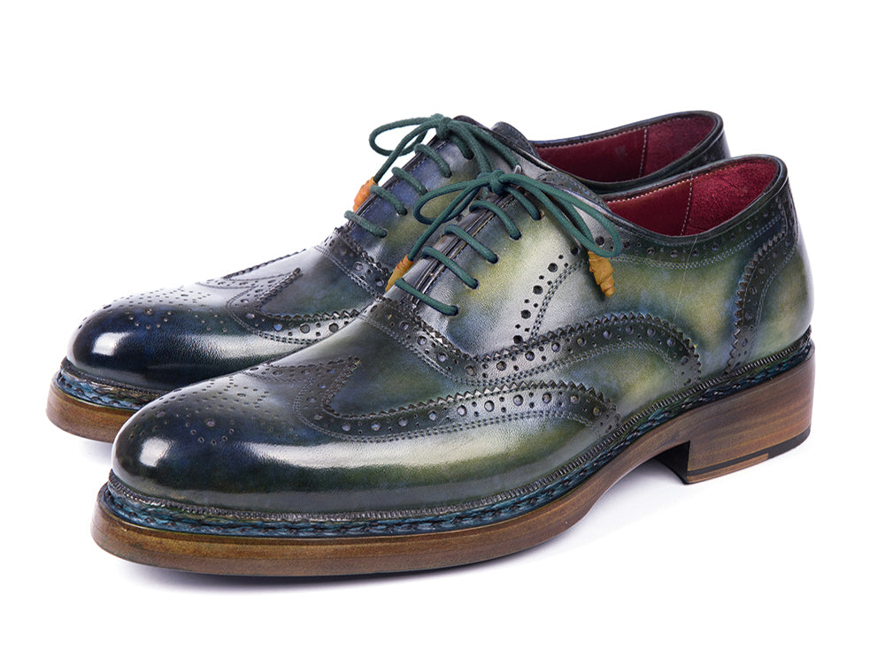 Paul Parkman Triple Leather Sole Wingtip Brogues in green and blue, showcasing hand-painted leather upper and triple leather sole.