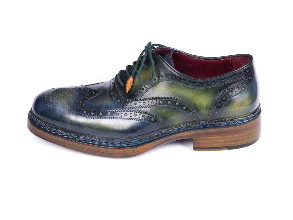 Paul Parkman Triple Leather Sole Wingtip Brogues in green and blue, showcasing hand-painted leather upper and triple leather sole.