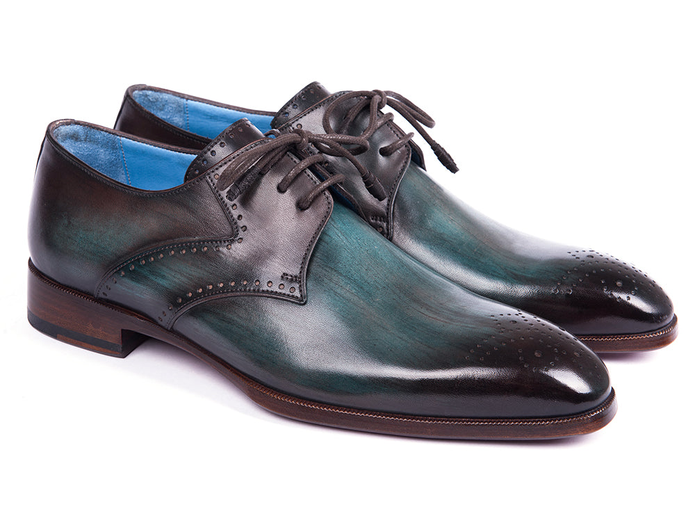 Paul Parkman Turquoise & Brown Medallion Toe Derby Shoes featuring hand-painted leather and antique burnished sole.