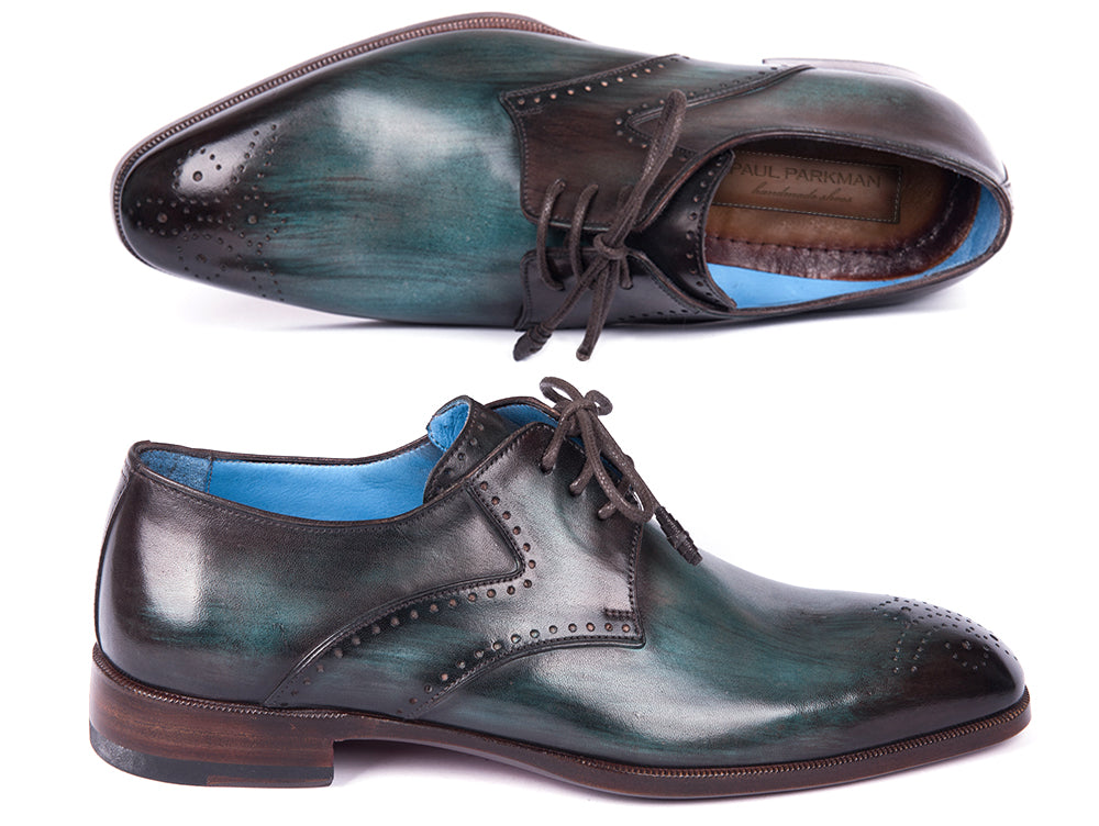 Paul Parkman Turquoise & Brown Medallion Toe Derby Shoes featuring hand-painted leather and antique burnished sole.