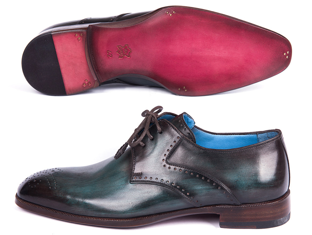 Paul Parkman Turquoise & Brown Medallion Toe Derby Shoes featuring hand-painted leather and antique burnished sole.