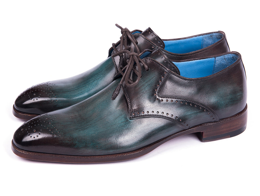 Paul Parkman Turquoise & Brown Medallion Toe Derby Shoes featuring hand-painted leather and antique burnished sole.