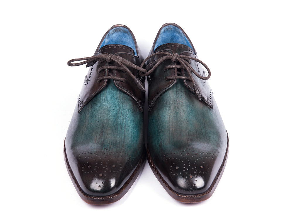 Paul Parkman Turquoise & Brown Medallion Toe Derby Shoes featuring hand-painted leather and antique burnished sole.