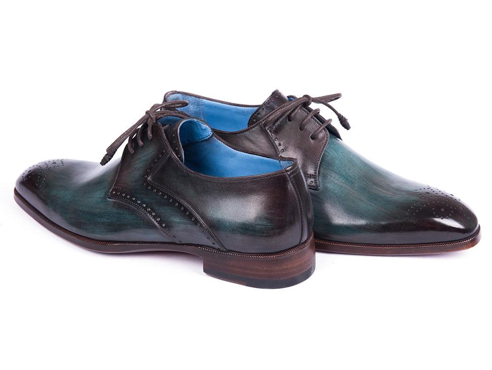 Paul Parkman Turquoise & Brown Medallion Toe Derby Shoes featuring hand-painted leather and antique burnished sole.