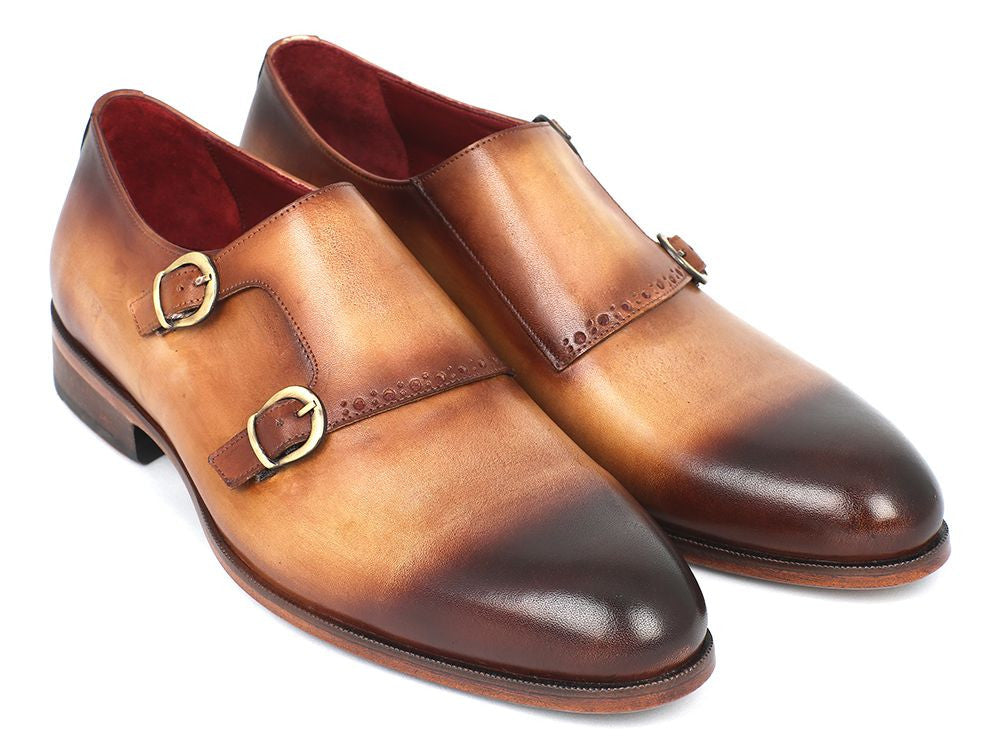 Paul Parkman Two Tone Double Monkstrap Shoes featuring brown and camel hand-painted calfskin with dark burnished toe and antiqued leather sole.