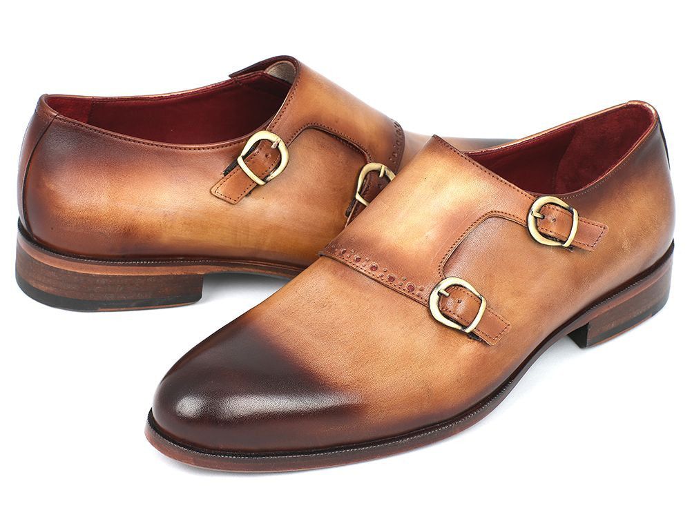 Paul Parkman Two Tone Double Monkstrap Shoes featuring brown and camel hand-painted calfskin with dark burnished toe and antiqued leather sole.