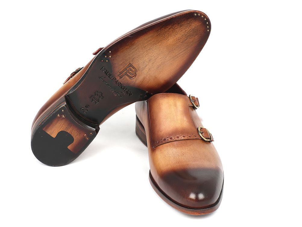 Paul Parkman Two Tone Double Monkstrap Shoes featuring brown and camel hand-painted calfskin with dark burnished toe and antiqued leather sole.