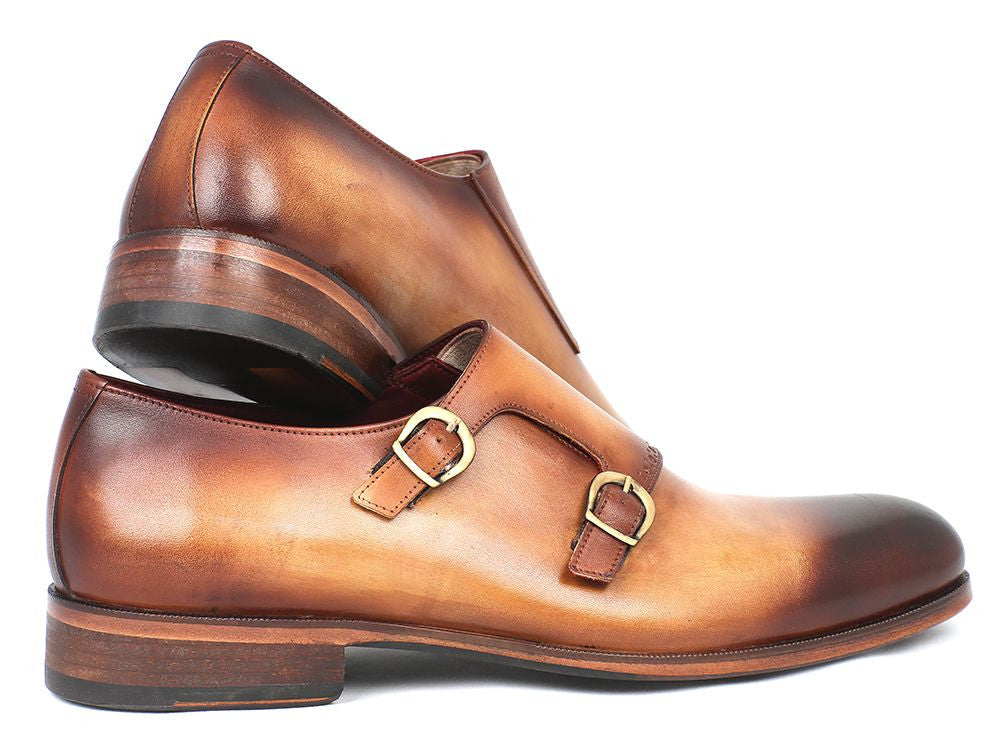 Paul Parkman Two Tone Double Monkstrap Shoes featuring brown and camel hand-painted calfskin with dark burnished toe and antiqued leather sole.