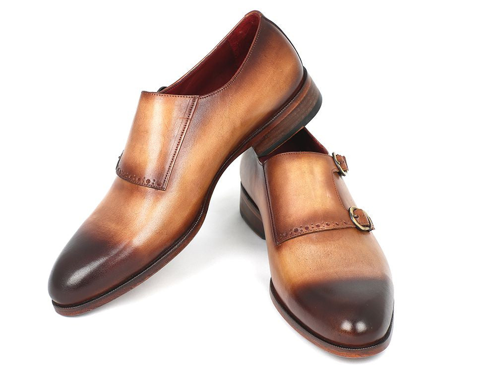 Paul Parkman Two Tone Double Monkstrap Shoes featuring brown and camel hand-painted calfskin with dark burnished toe and antiqued leather sole.