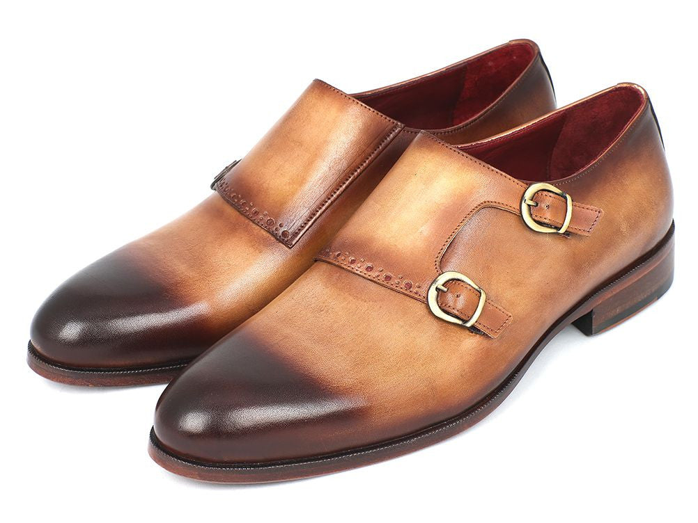 Paul Parkman Two Tone Double Monkstrap Shoes featuring brown and camel hand-painted calfskin with dark burnished toe and antiqued leather sole.