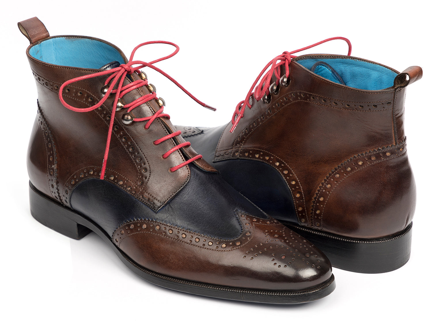 Paul Parkman Wingtip Ankle Boots in dual tone brown and blue, showcasing hand-painted leather upper and blue leather sole.