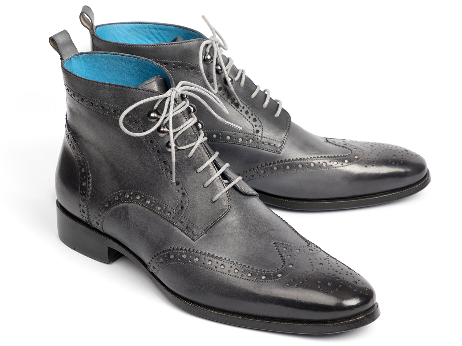 Paul Parkman Wingtip Ankle Boots in gray hand-painted leather with blue accents, showcasing unique craftsmanship and stylish design.