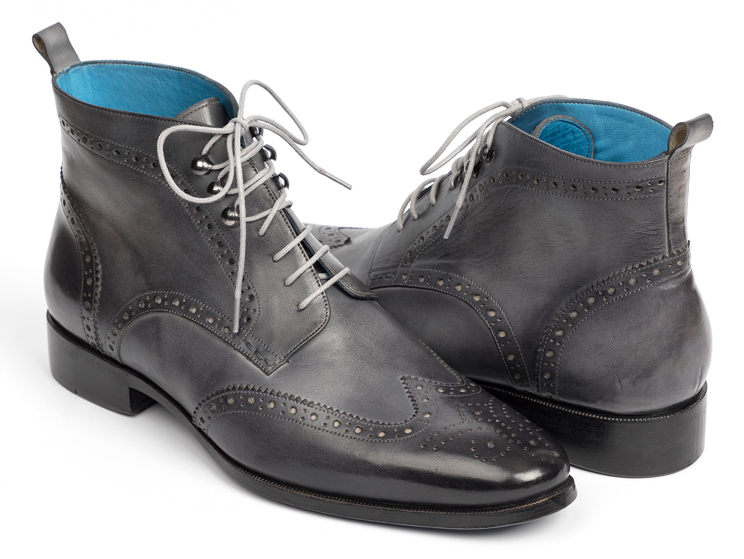 Paul Parkman Wingtip Ankle Boots in gray hand-painted leather with blue accents, showcasing unique craftsmanship and stylish design.