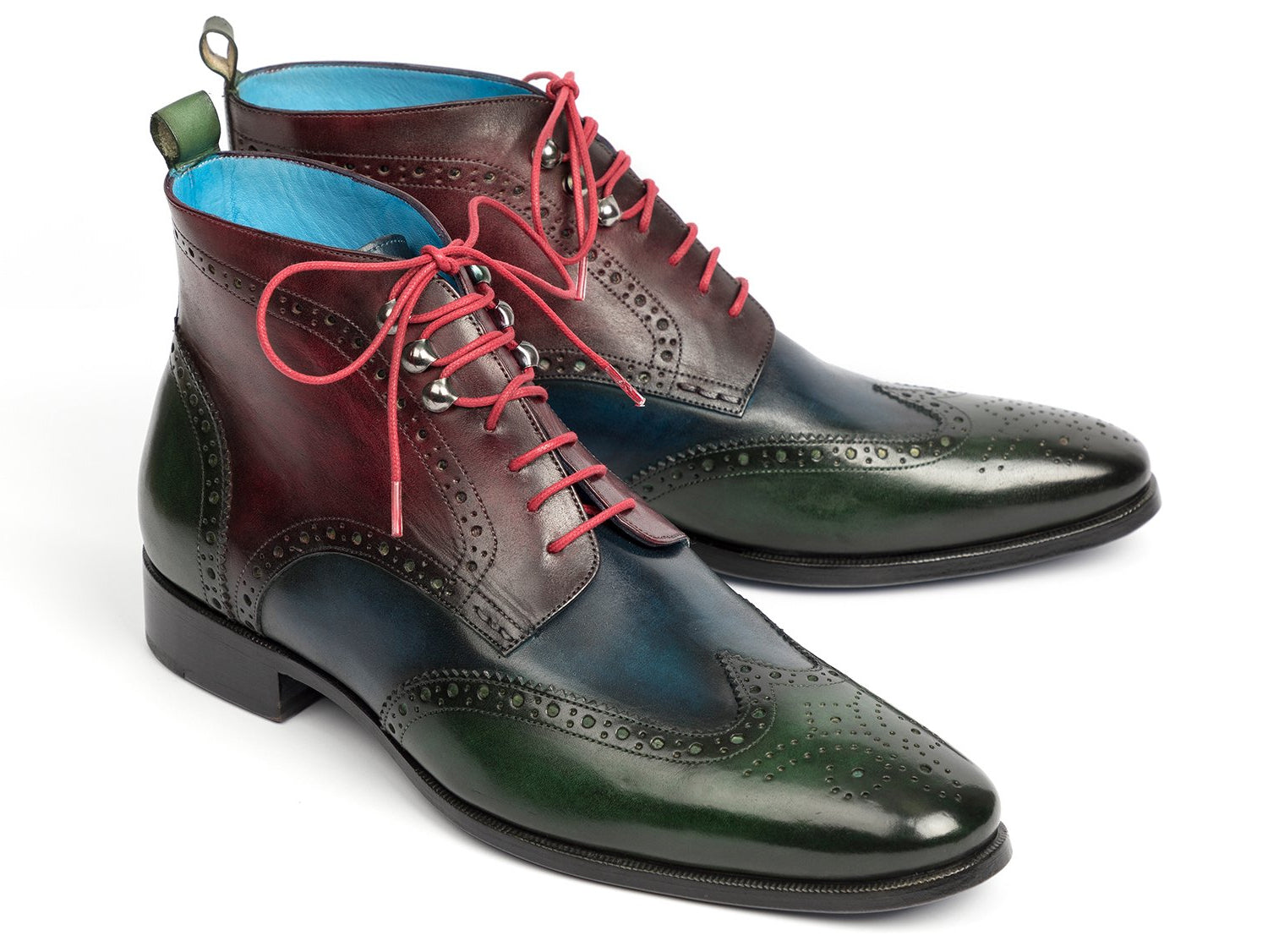 Paul Parkman Wingtip Ankle Boots featuring a hand-painted leather upper in green, blue, and bordeaux tones, showcasing a unique three-tone design.