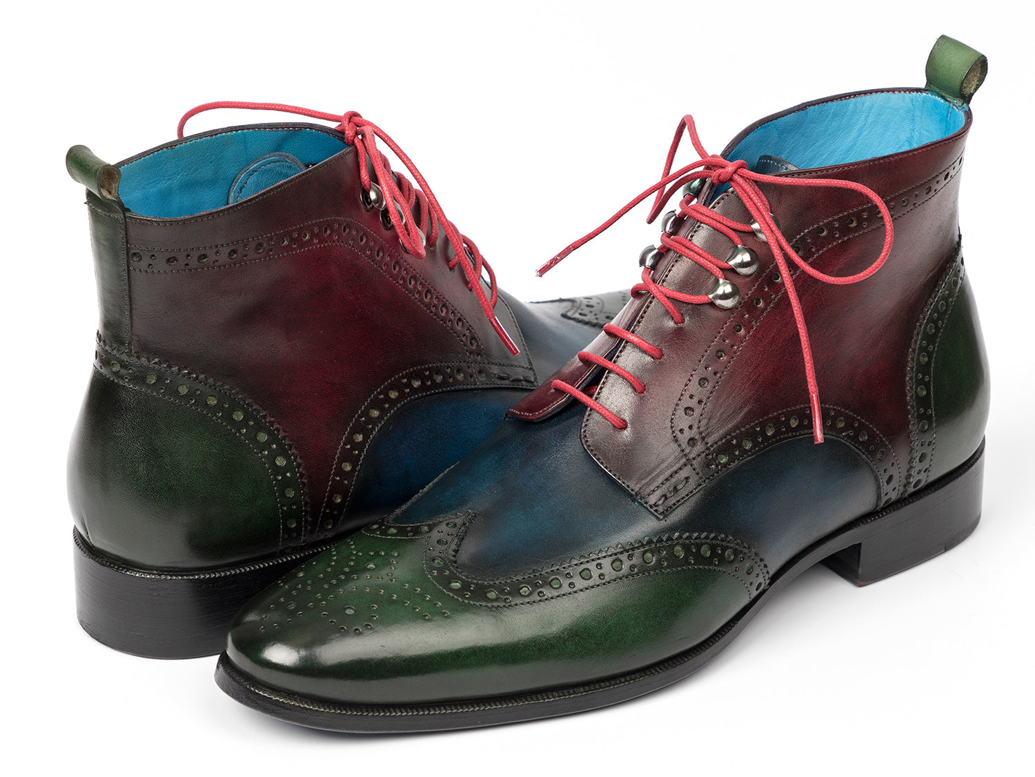 Paul Parkman Wingtip Ankle Boots featuring a hand-painted leather upper in green, blue, and bordeaux tones, showcasing a unique three-tone design.