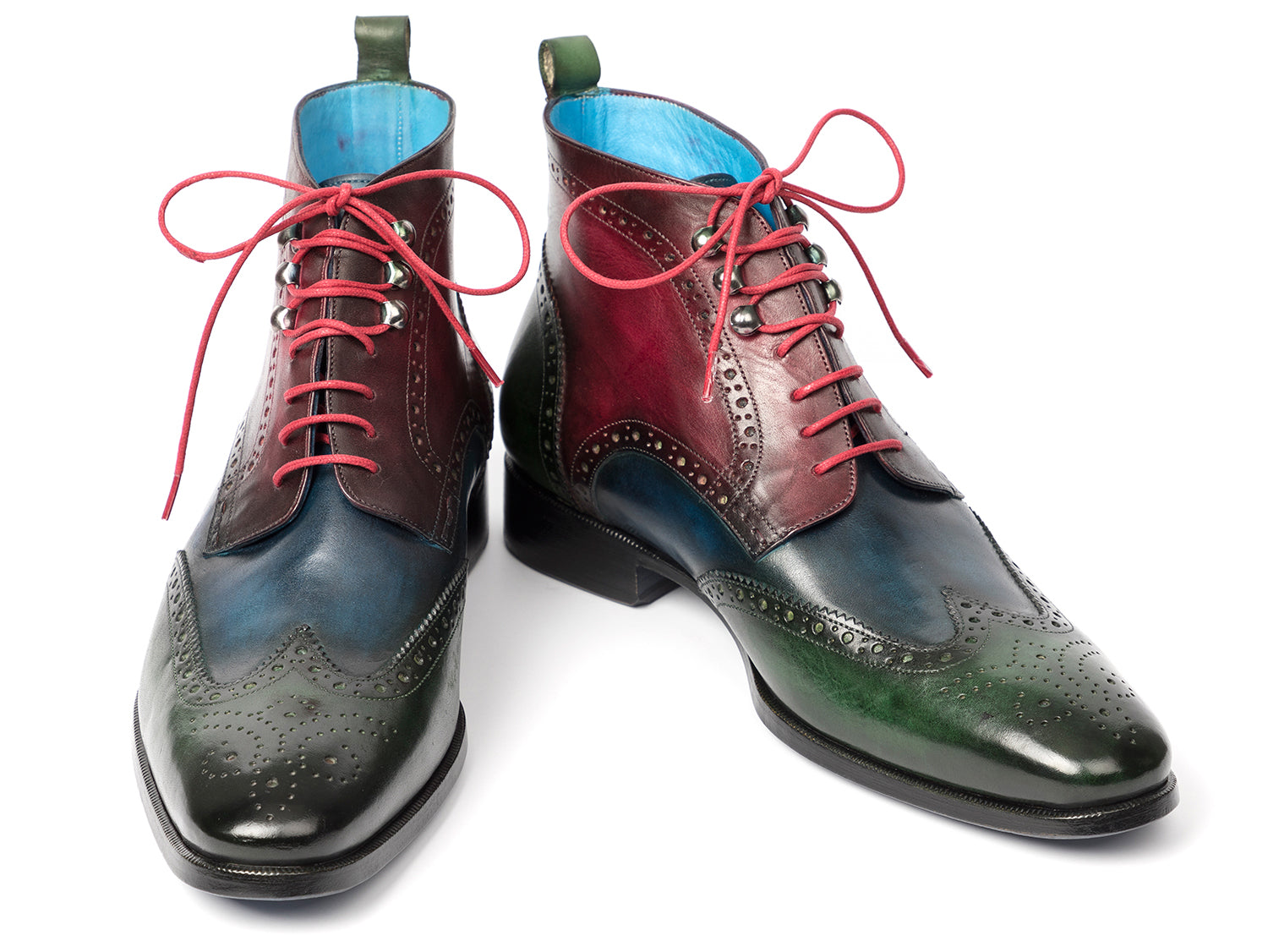 Paul Parkman Wingtip Ankle Boots featuring a hand-painted leather upper in green, blue, and bordeaux tones, showcasing a unique three-tone design.