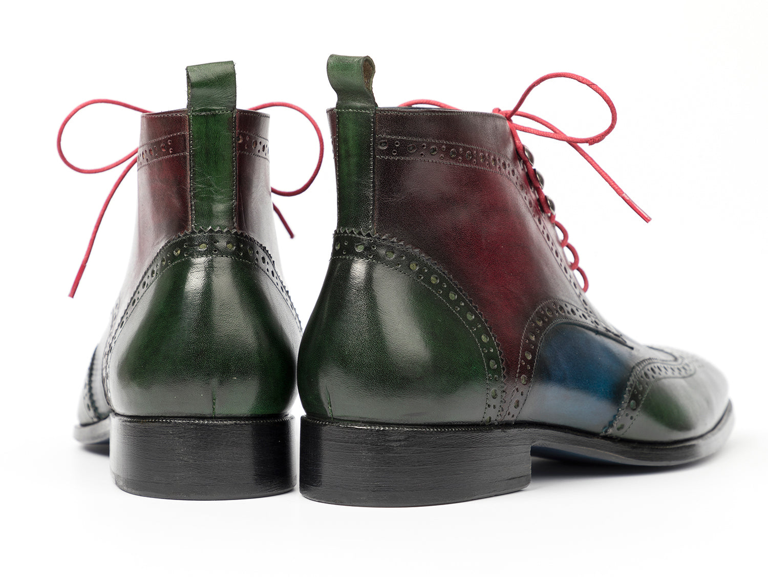 Paul Parkman Wingtip Ankle Boots featuring a hand-painted leather upper in green, blue, and bordeaux tones, showcasing a unique three-tone design.