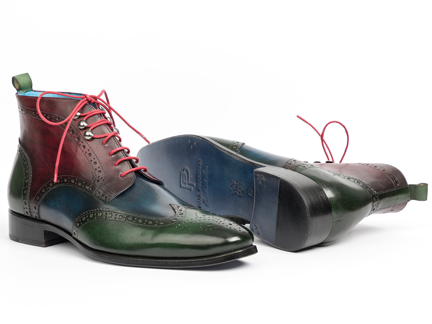 Paul Parkman Wingtip Ankle Boots featuring a hand-painted leather upper in green, blue, and bordeaux tones, showcasing a unique three-tone design.