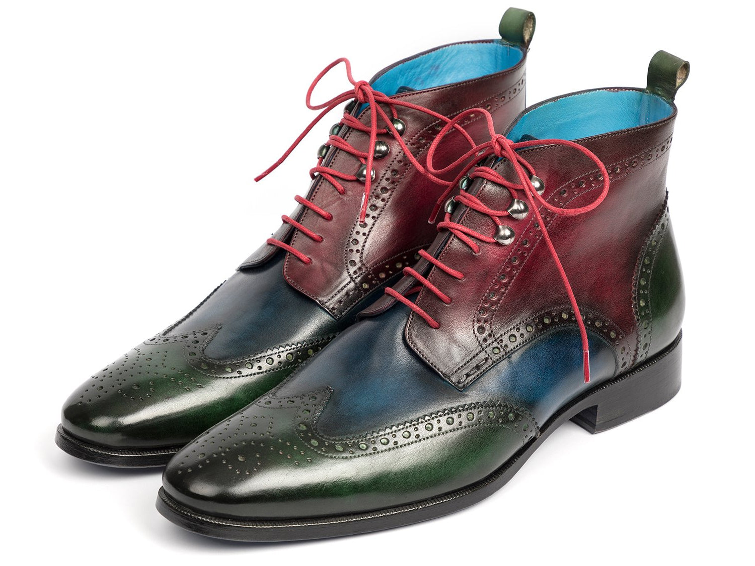 Paul Parkman Wingtip Ankle Boots featuring a hand-painted leather upper in green, blue, and bordeaux tones, showcasing a unique three-tone design.