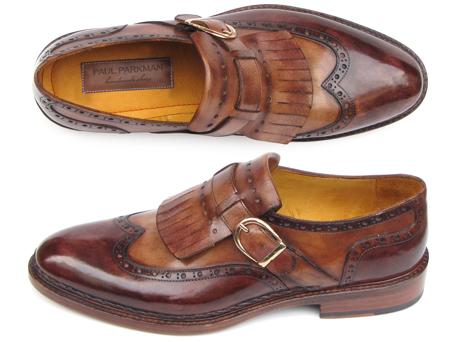 Paul Parkman Wingtip Monkstrap shoes in brown, showcasing hand-painted finish and elegant wingtip design.