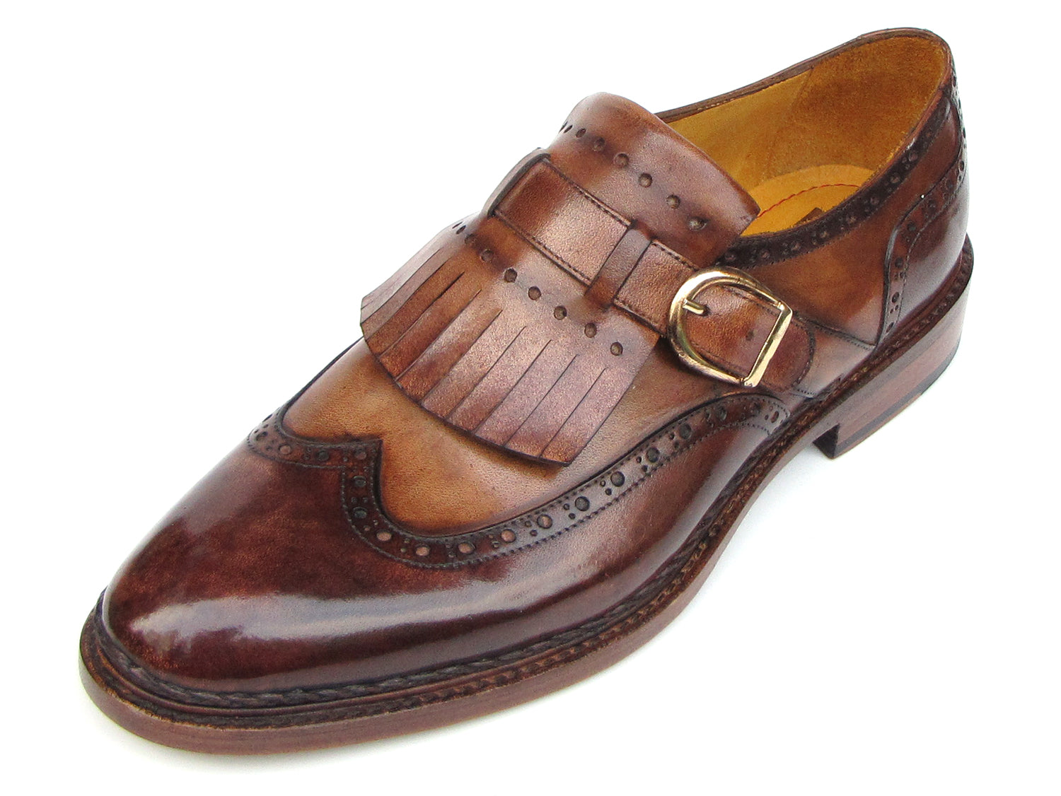 Paul Parkman Wingtip Monkstrap shoes in brown, showcasing hand-painted finish and elegant wingtip design.