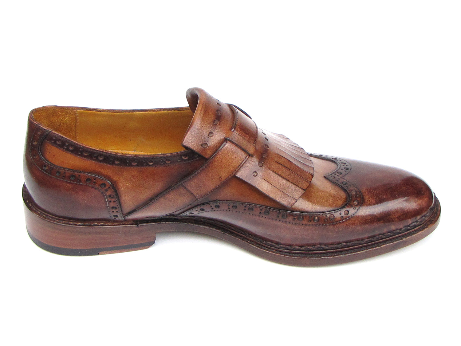 Paul Parkman Wingtip Monkstrap shoes in brown, showcasing hand-painted finish and elegant wingtip design.