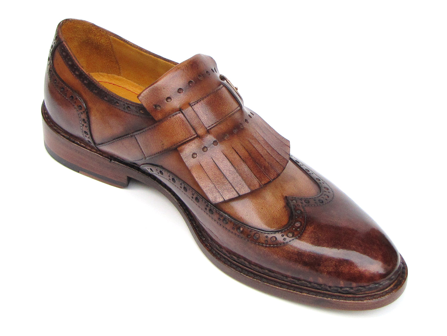 Paul Parkman Wingtip Monkstrap shoes in brown, showcasing hand-painted finish and elegant wingtip design.