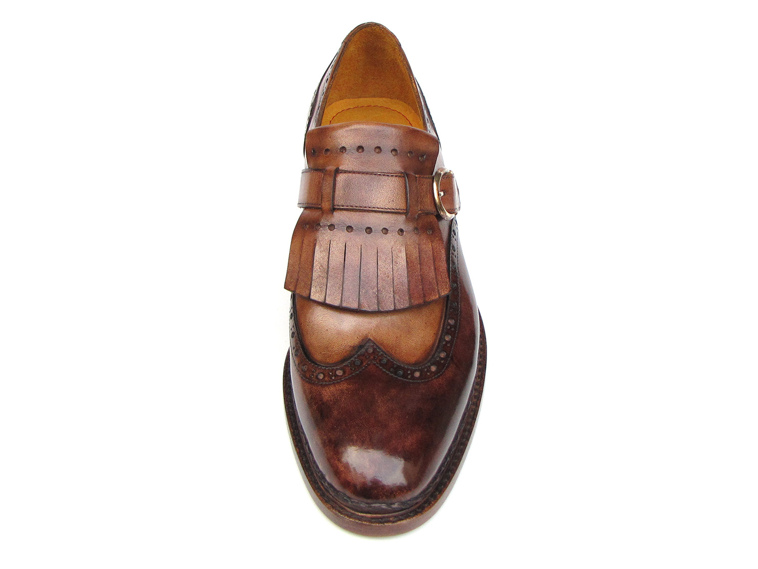 Paul Parkman Wingtip Monkstrap shoes in brown, showcasing hand-painted finish and elegant wingtip design.