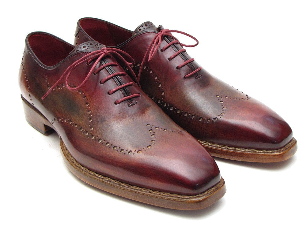 Paul Parkman Wingtip Oxford shoes in Bordeaux and Camel hand-painted calfskin, showcasing elegant design and craftsmanship.