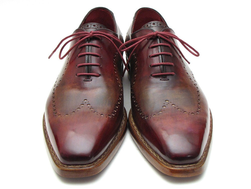 Paul Parkman Wingtip Oxford shoes in Bordeaux and Camel hand-painted calfskin, showcasing elegant design and craftsmanship.