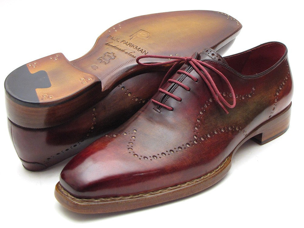 Paul Parkman Wingtip Oxford shoes in Bordeaux and Camel hand-painted calfskin, showcasing elegant design and craftsmanship.