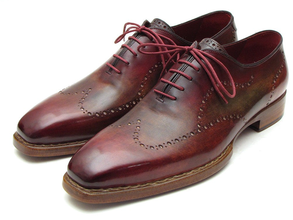 Paul Parkman Wingtip Oxford shoes in Bordeaux and Camel hand-painted calfskin, showcasing elegant design and craftsmanship.