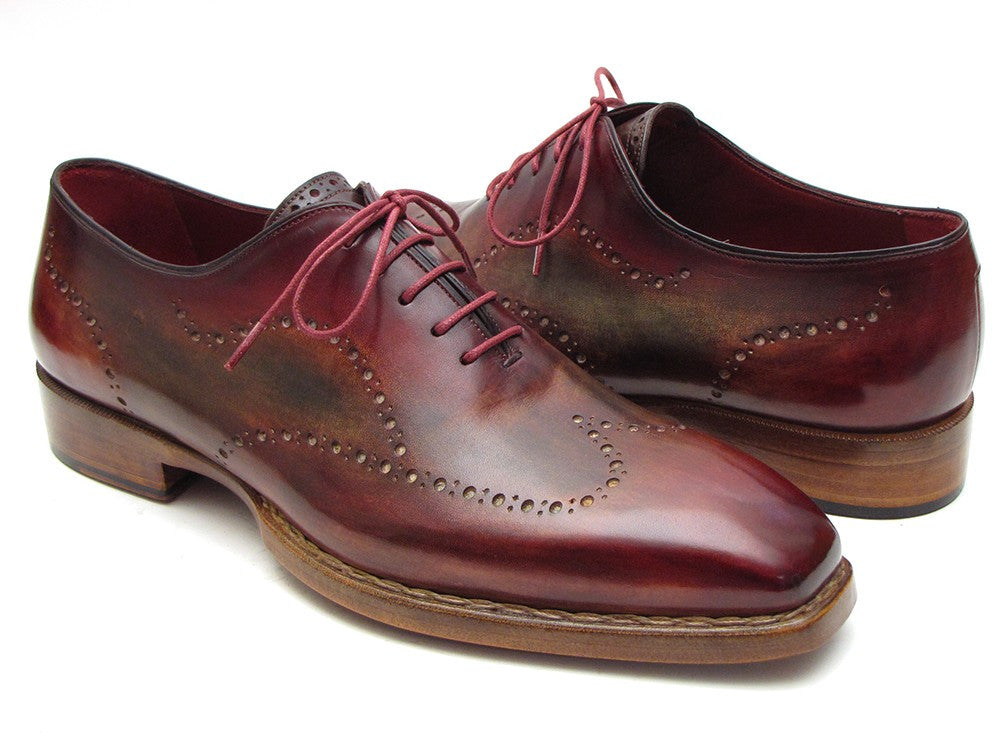 Paul Parkman Wingtip Oxford shoes in Bordeaux and Camel hand-painted calfskin, showcasing elegant design and craftsmanship.