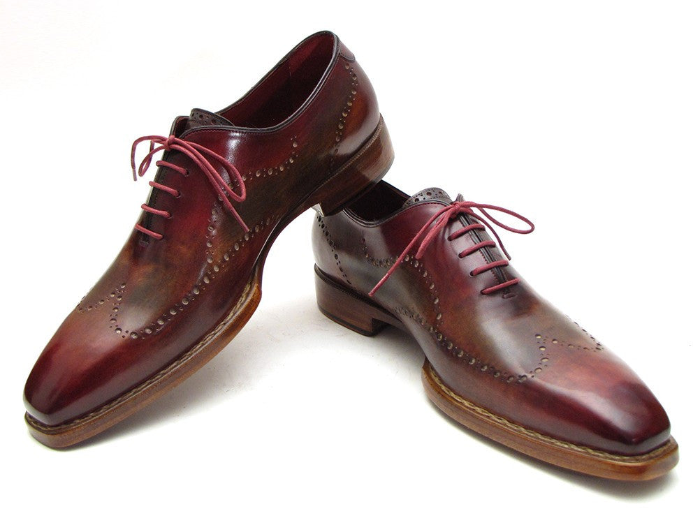 Paul Parkman Wingtip Oxford shoes in Bordeaux and Camel hand-painted calfskin, showcasing elegant design and craftsmanship.