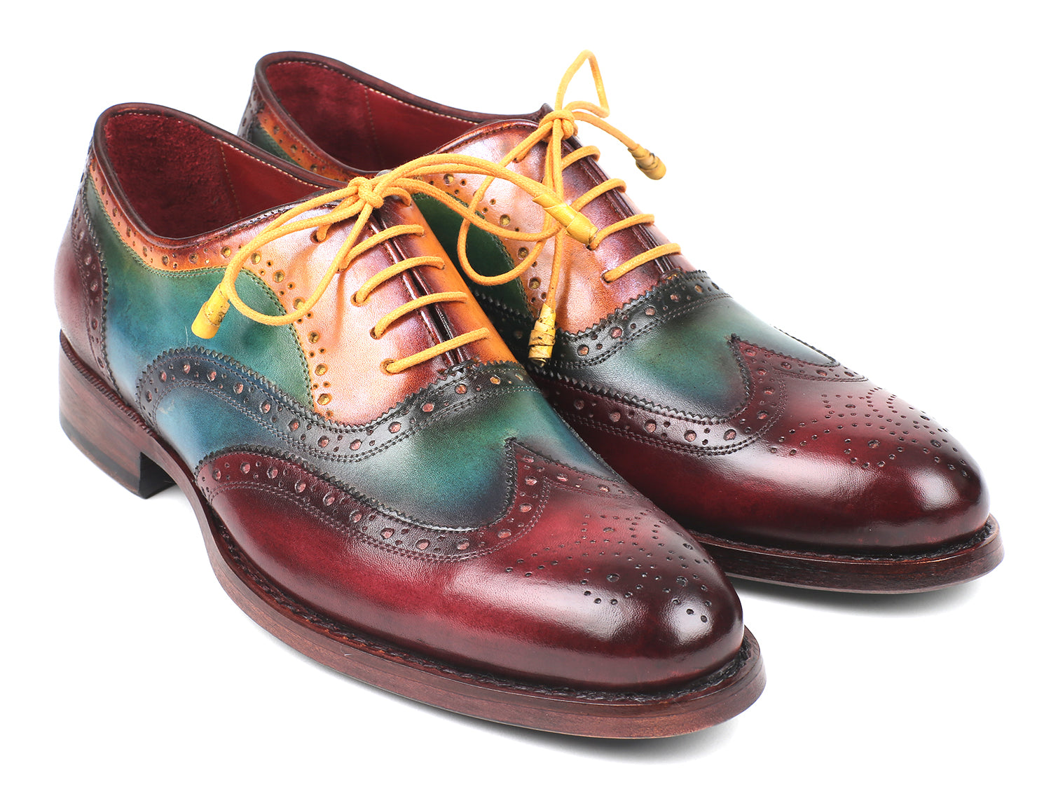 Paul Parkman Wingtip Oxfords showcasing a unique hand-painted multi-color design with blue, green, bordeaux, and camel hues, featuring Goodyear welted construction.