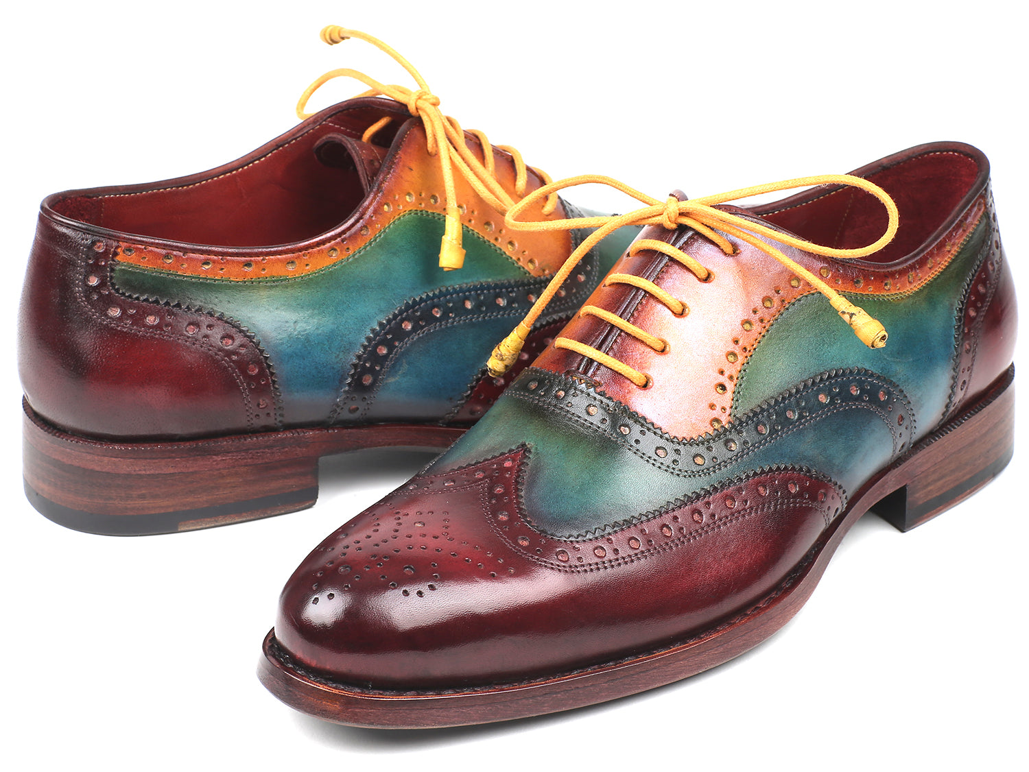 Paul Parkman Wingtip Oxfords showcasing a unique hand-painted multi-color design with blue, green, bordeaux, and camel hues, featuring Goodyear welted construction.