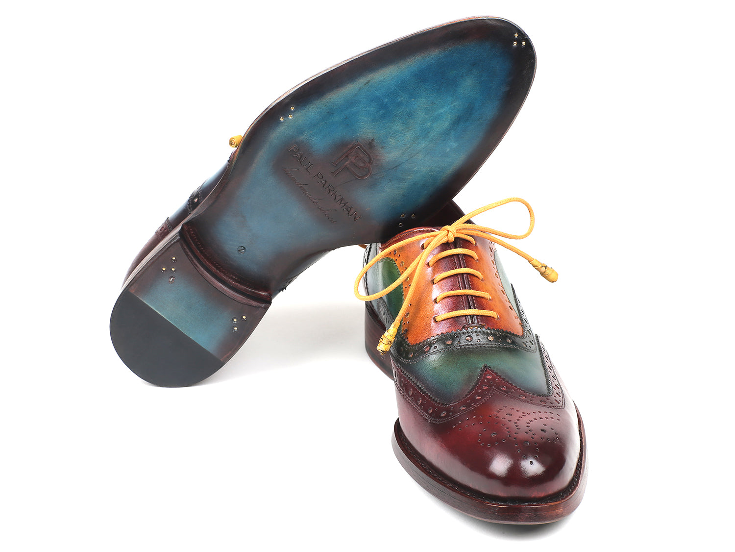 Paul Parkman Wingtip Oxfords showcasing a unique hand-painted multi-color design with blue, green, bordeaux, and camel hues, featuring Goodyear welted construction.