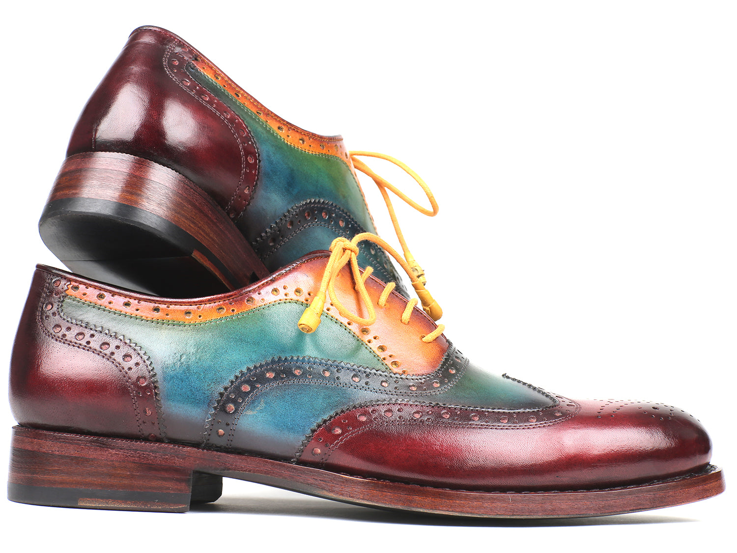 Paul Parkman Wingtip Oxfords showcasing a unique hand-painted multi-color design with blue, green, bordeaux, and camel hues, featuring Goodyear welted construction.