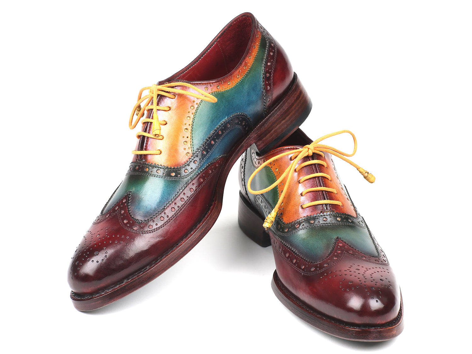 Paul Parkman Wingtip Oxfords showcasing a unique hand-painted multi-color design with blue, green, bordeaux, and camel hues, featuring Goodyear welted construction.