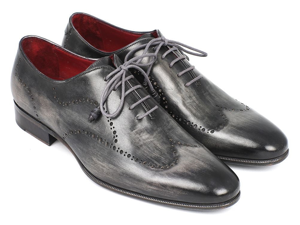 Paul Parkman Wingtip Oxfords in gray and black handpainted calfskin with wingtip perforations and blue painted leather sole.