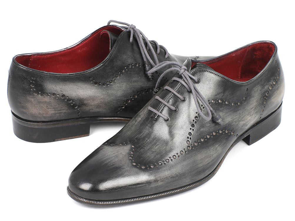 Paul Parkman Wingtip Oxfords in gray and black handpainted calfskin with wingtip perforations and blue painted leather sole.