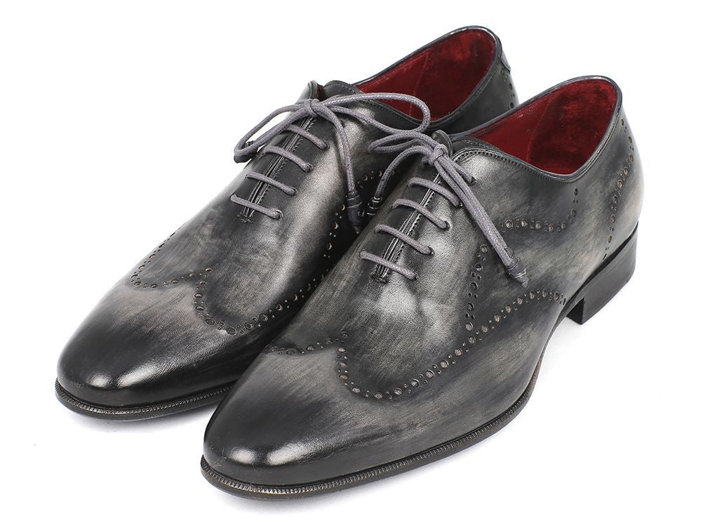 Paul Parkman Wingtip Oxfords in gray and black handpainted calfskin with wingtip perforations and blue painted leather sole.