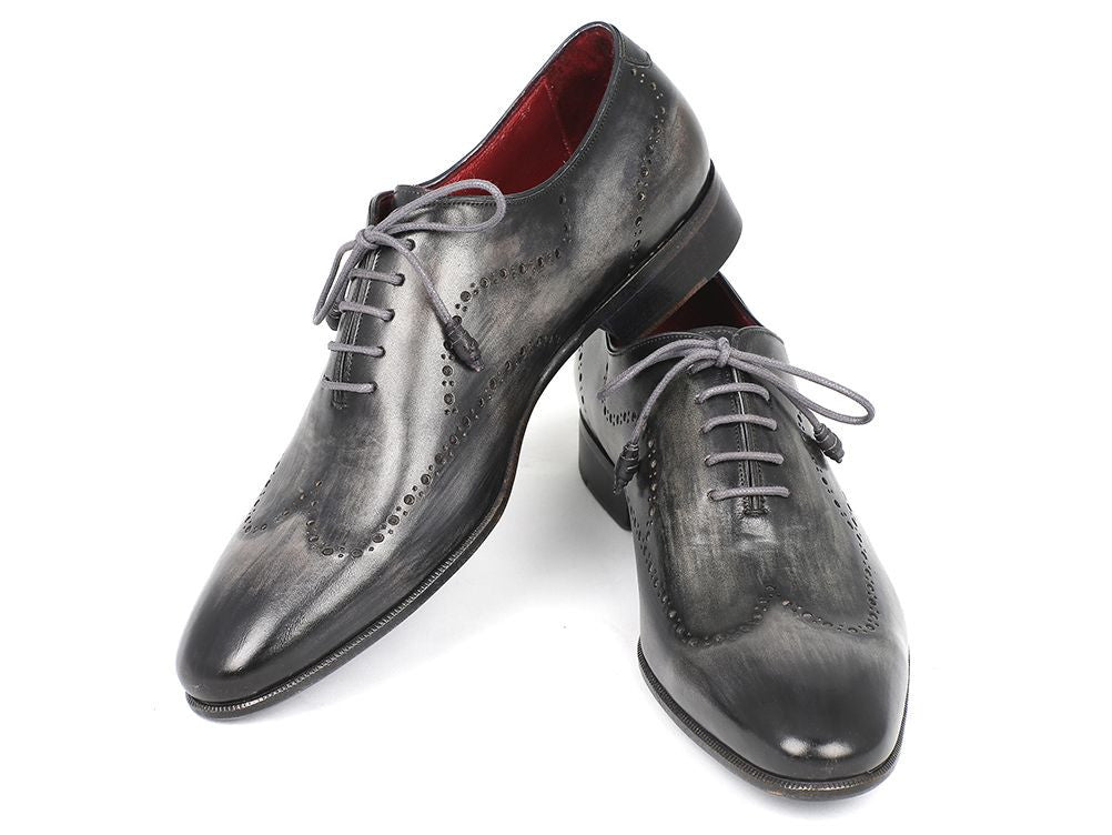 Paul Parkman Wingtip Oxfords in gray and black handpainted calfskin with wingtip perforations and blue painted leather sole.