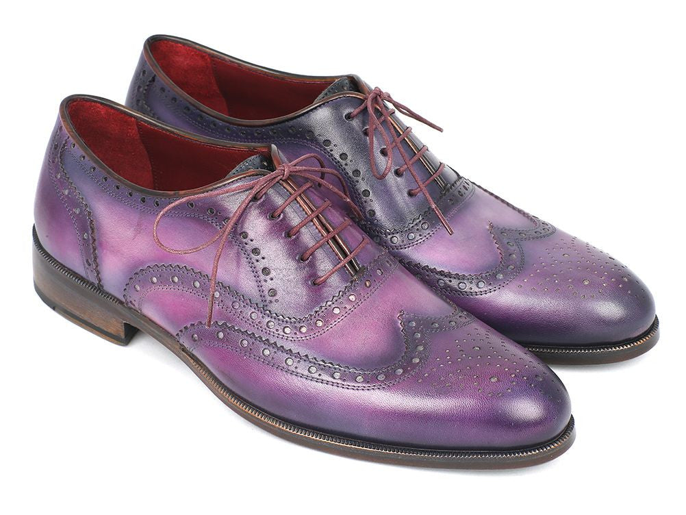 Paul Parkman Wingtip Oxfords in Purple and Navy, featuring hand-painted calfskin, turquoise sole, and luxurious bordeaux leather lining.