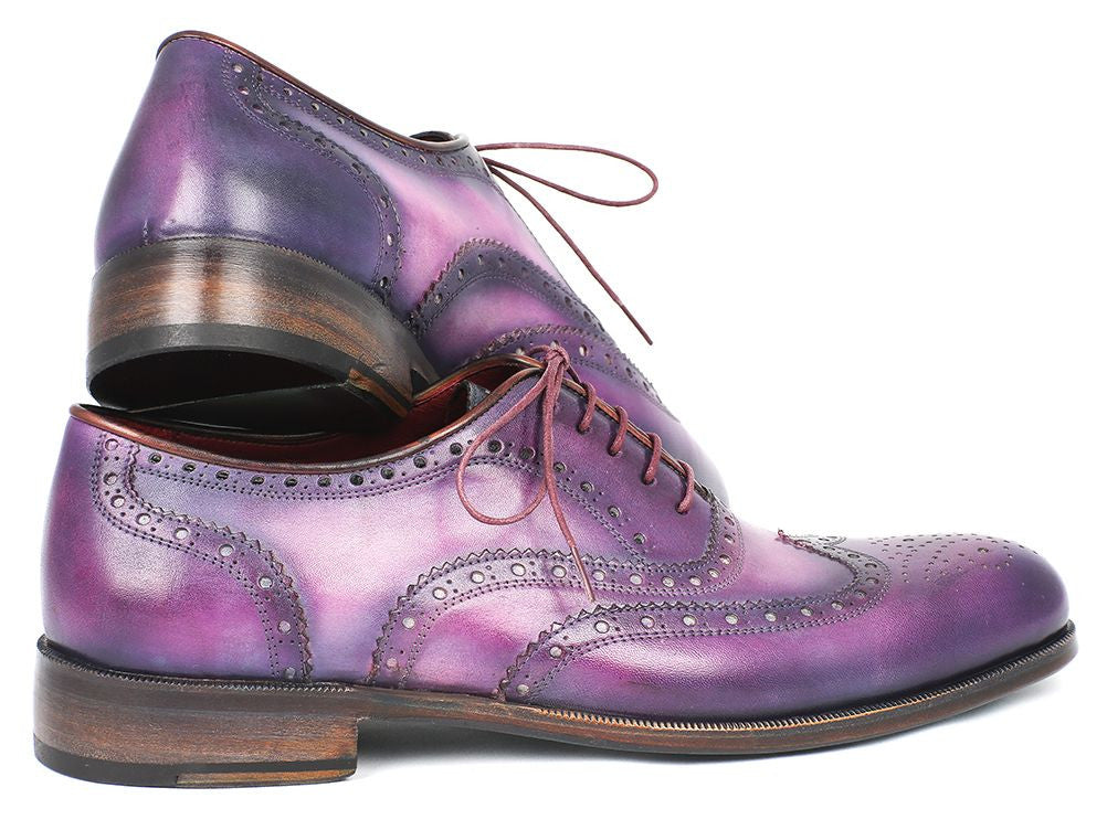 Paul Parkman Wingtip Oxfords in Purple and Navy, featuring hand-painted calfskin, turquoise sole, and luxurious bordeaux leather lining.