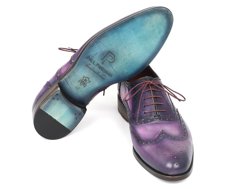 Paul Parkman Wingtip Oxfords in Purple and Navy, featuring hand-painted calfskin, turquoise sole, and luxurious bordeaux leather lining.