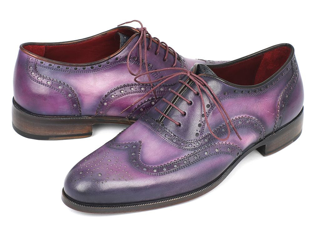 Paul Parkman Wingtip Oxfords in Purple and Navy, featuring hand-painted calfskin, turquoise sole, and luxurious bordeaux leather lining.