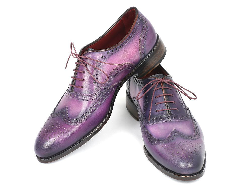 Paul Parkman Wingtip Oxfords in Purple and Navy, featuring hand-painted calfskin, turquoise sole, and luxurious bordeaux leather lining.