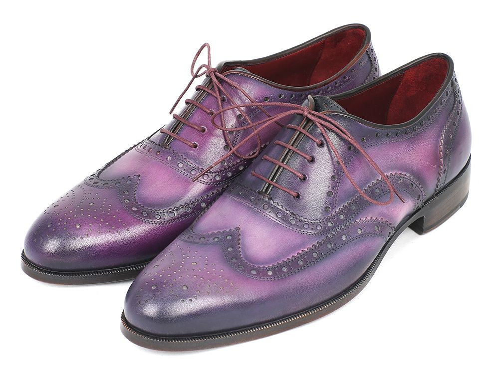 Paul Parkman Wingtip Oxfords in Purple and Navy, featuring hand-painted calfskin, turquoise sole, and luxurious bordeaux leather lining.